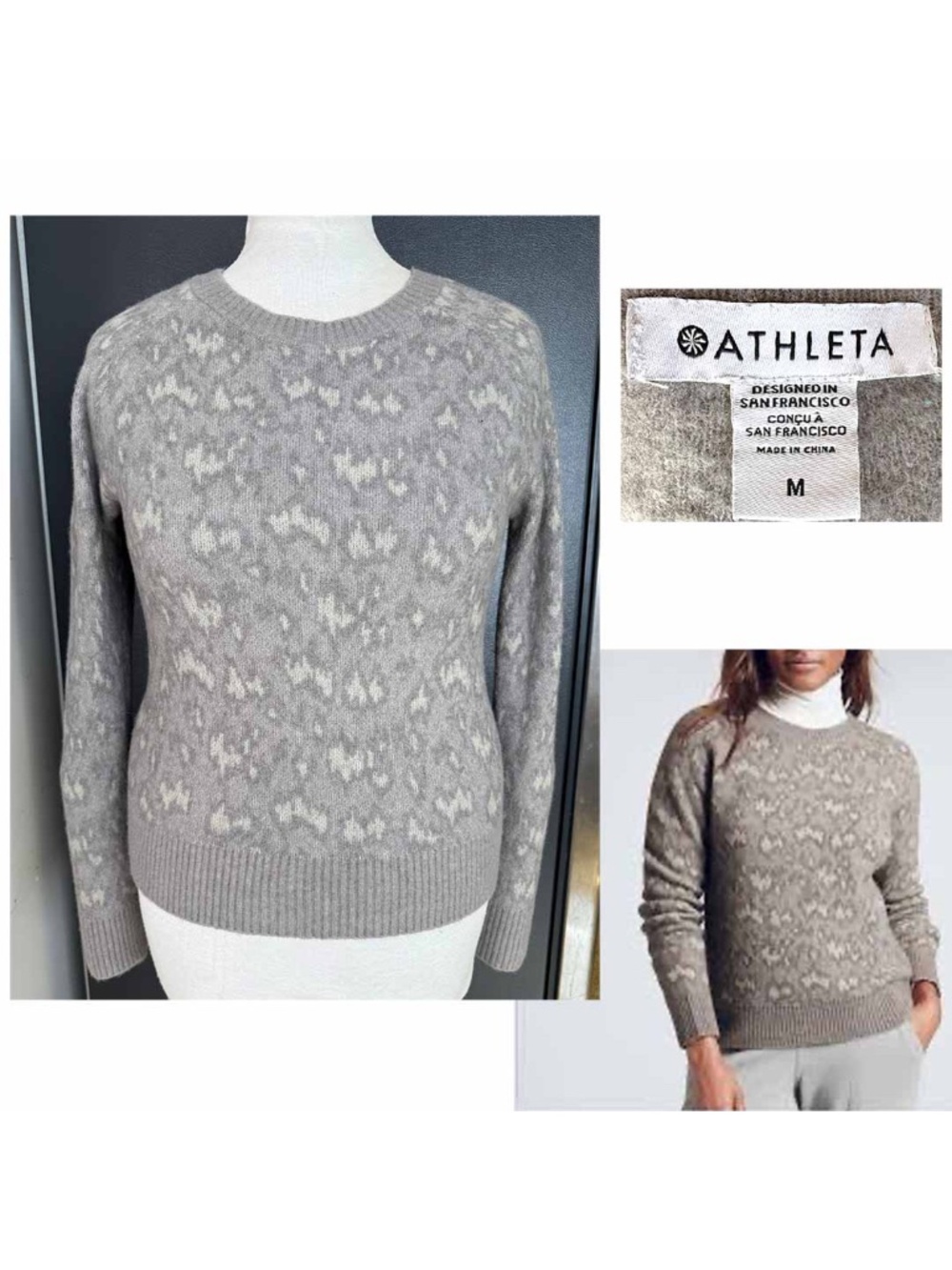 ATHLETA Women Medium Tonal Gray Animal Print Textured Crew Sweater HAWTHORN EUC